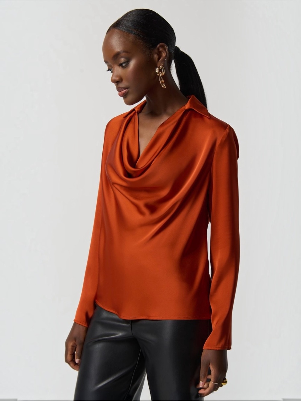 Joseph Ribkoff 🧡 Tandoori Orange 🧡 Satin Cowl Neck Blouse Style 233136